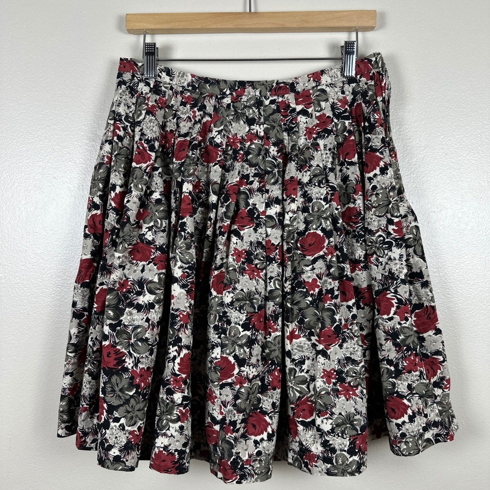 Calvin Klein Women's 8 Pleated Midi Skirt Red Floral Cotton Side Zip SKB4